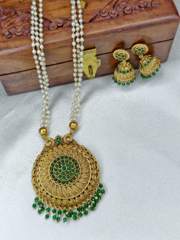 Three Layed White Pearl Long Haram -Green Color - with Earrings