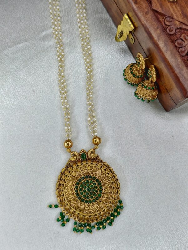 Three Layed White Pearl Long Haram -Green Color - with Earrings