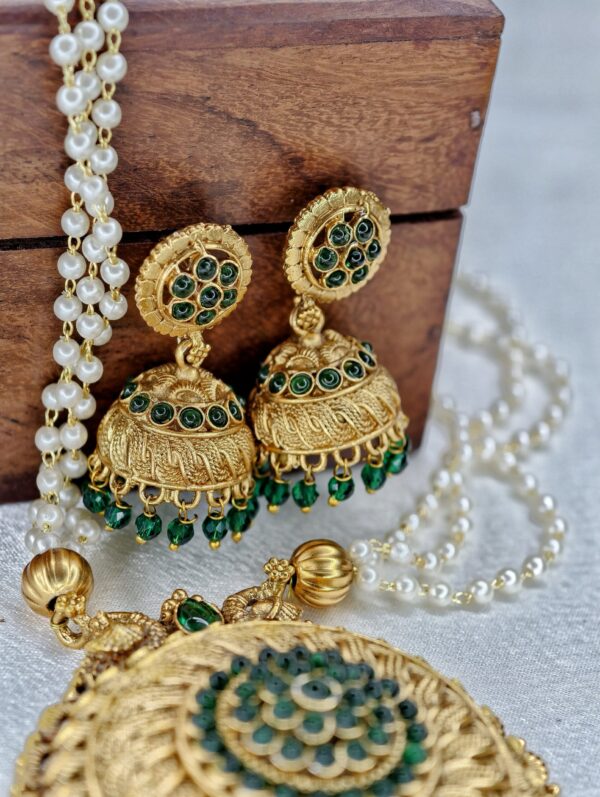 Three Layed White Pearl Long Haram -Green Color - with Earrings