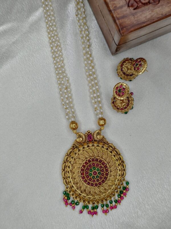 Three Layed White Pearl Long Haram -Multi Color - with Earrings