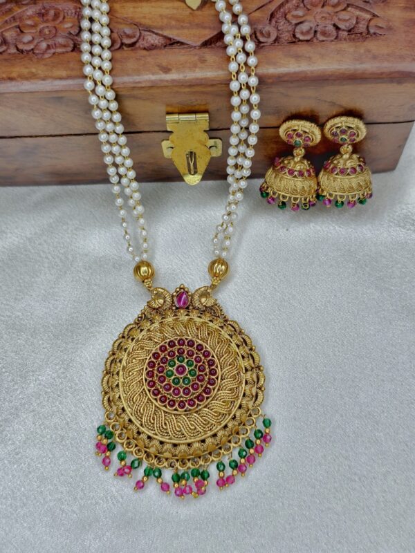 Three Layed White Pearl Long Haram -Multi Color - with Earrings