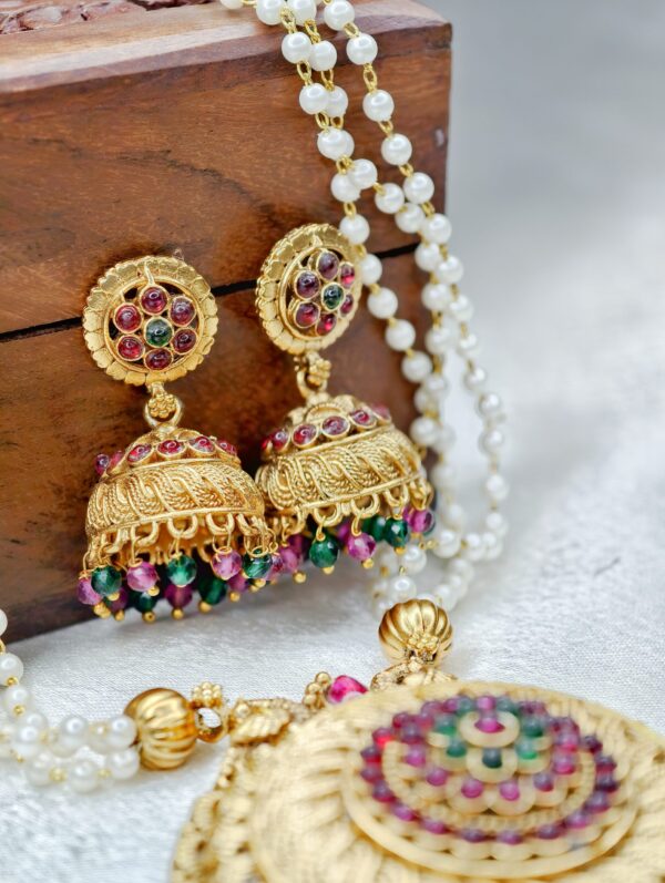 Three Layed White Pearl Long Haram -Multi Color - with Earrings