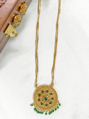 Double Layer long haram with round Pendant - Green Color