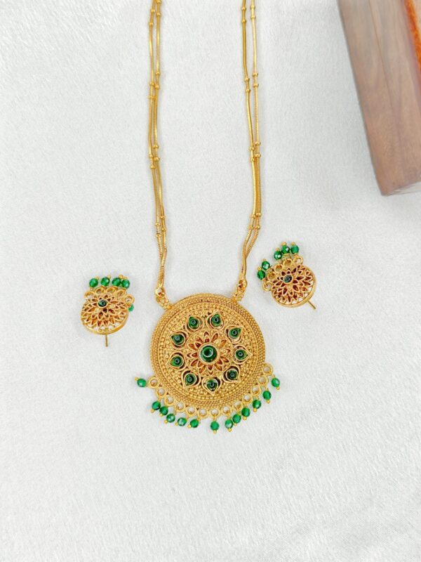 Double Layer long haram with round Pendant - Green Color