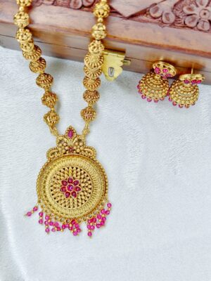Premium Long haram with round Pendant - With Earrings