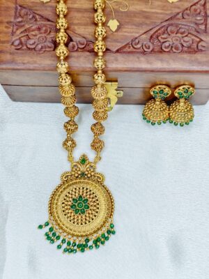 Premium Long haram with round Pendant Green Color- With Earrings