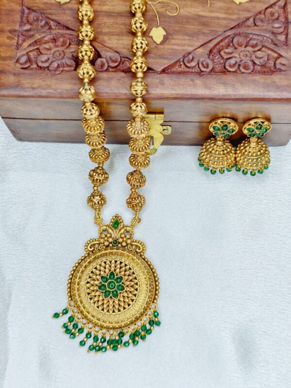 Premium Long haram with round Pendant Green Color- With Earrings