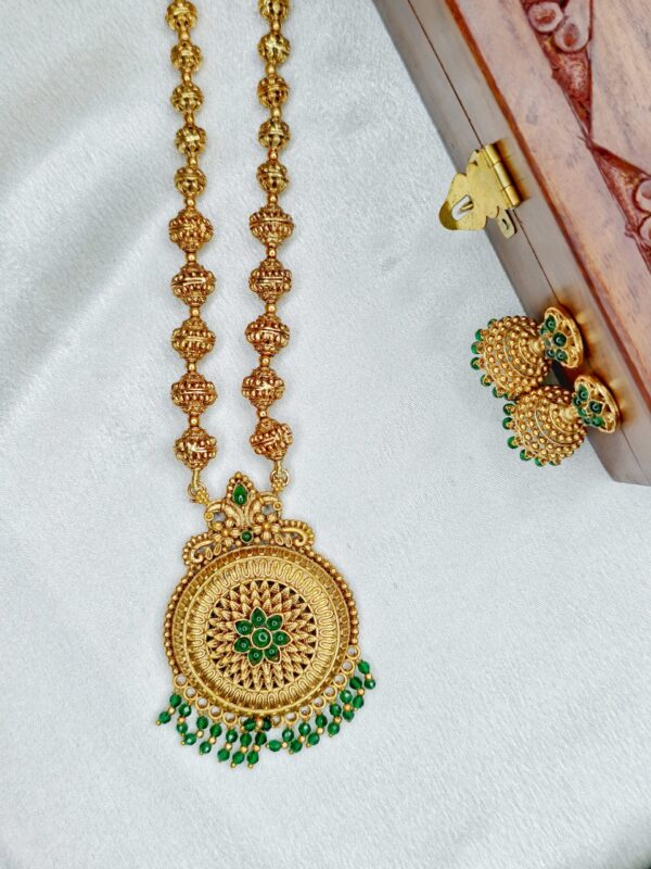 Premium Long haram with round Pendant Green Color- With Earrings