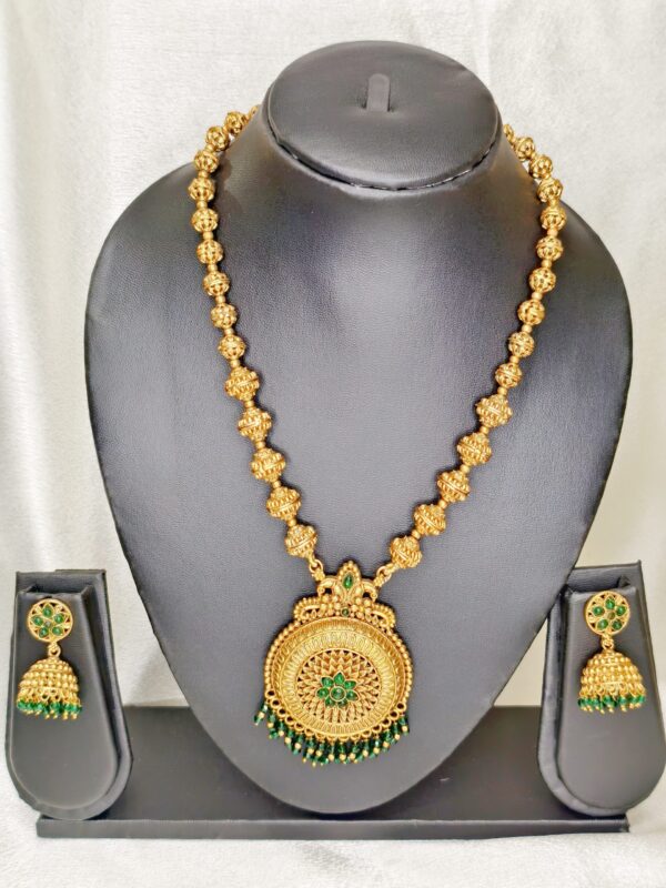 Premium Long haram with round Pendant Green Color- With Earrings