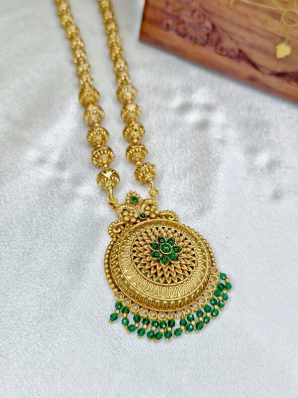 Premium Long haram with round Pendant Green Color- With Earrings