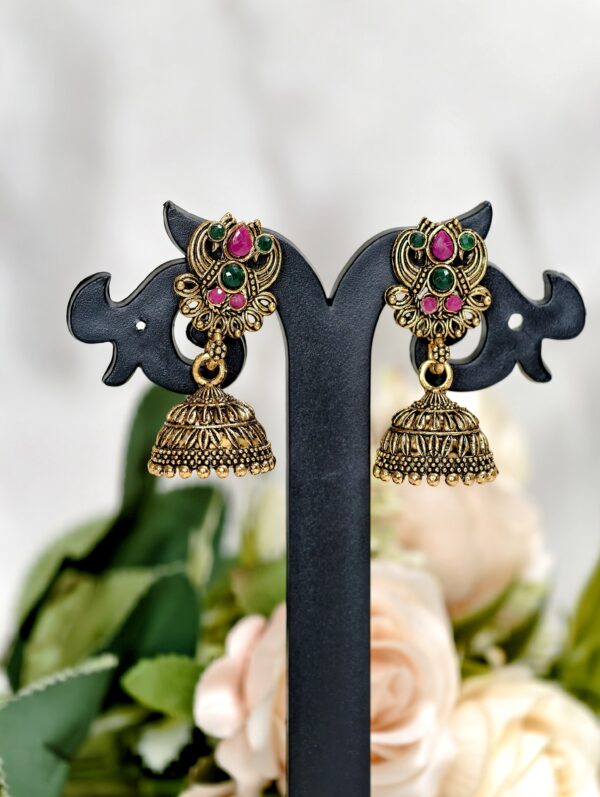 Antique gold Simple Jhumka Earrings with green and pink stone