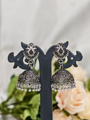 Silver jhumka earrings with tiny hanging beads