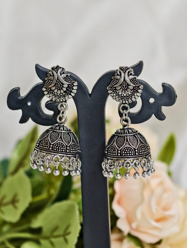 Silver jhumka earrings with tiny hanging beads